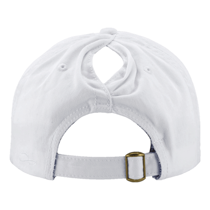 White Ponytail Hat with Flower Pattern Underneath Ponytail hat sold by RQC Supply Canada showing back profile