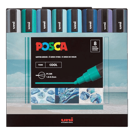Posca PC-5m Waterbased Paint Marker Set shown in Cool Tones sold by RQC Supply Canada an arts and craft store located in Woodstock, Ontario