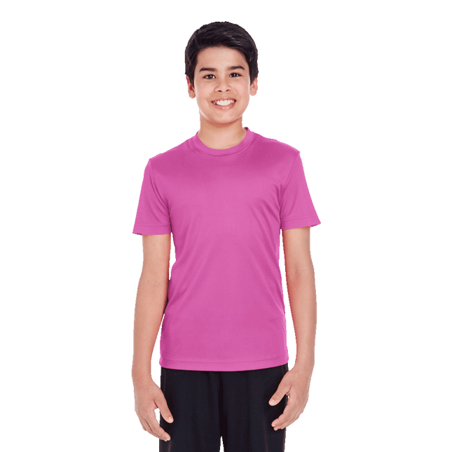 T11 Youth Zone Team 365 polyester tshirts sold by RQC Supply Canada an arts and craft store located in Woodstock, Ontario showing sport pink colour