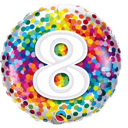 Happy 8th Birthday Confetti Balloons sold by RQC Supply Canada located in Woodstock, Ontario Canada