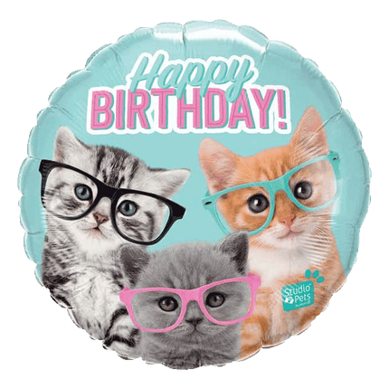 Glasses wearing Cats Happy Birthday Helium Filled Balloons sold by RQC Supply Canada an arts and craft store located in Woodstock, Ontario