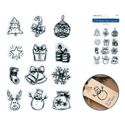 Clear Christmas Stamps sold by RQC Supply Canada an arts and craft store located in Woodstock, Ontario showing Seasonal Icons