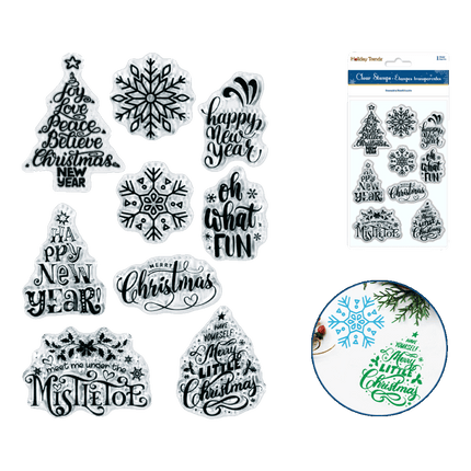Clear Christmas Stamps sold by RQC Supply Canada an arts and craft store located in Woodstock, Ontario showing holiday sentiments