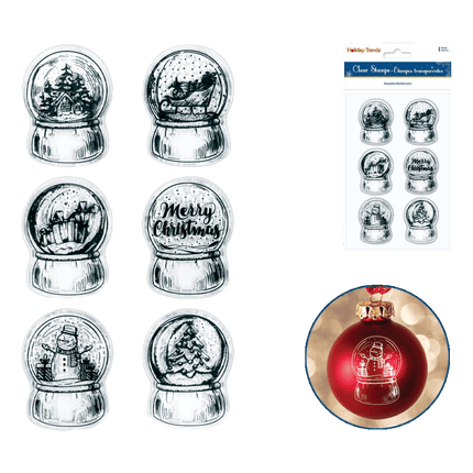 Clear Christmas Stamps sold by RQC Supply Canada an arts and craft store located in Woodstock, Ontario showing snow globes