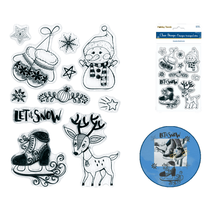 Clear Christmas Stamps sold by RQC Supply Canada an arts and craft store located in Woodstock, Ontario showing let it snow