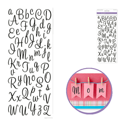 Clear Background Scrapbooking Stickers  sold by RQC Supply an arts and craft store located in Woodstock, Ontario showing Black Clear Cursive Letters