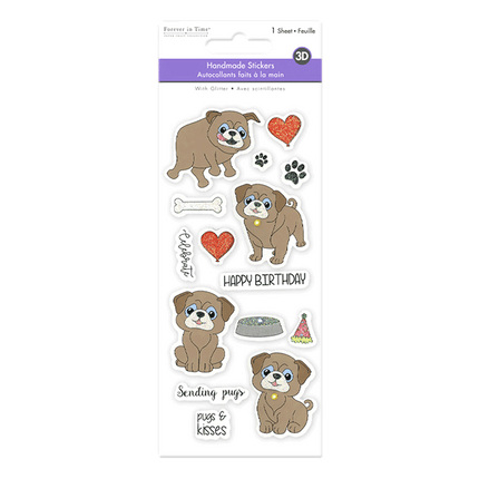 Pugs and Kisses 3D glitter scrapbooking stickers sold by RQC Supply Canada an arts and craft store open to the public located in Woodstock, Ontario
