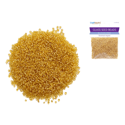 Glass Seed Beads 12/0 Silverlined 60grams sold by RQC Supply Canada an arts and craft store located in Woodstock, Ontario showing Gold colour