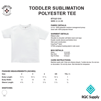 1310 Toddler Sublimation White Polyester T-shirt  - SubliVie
