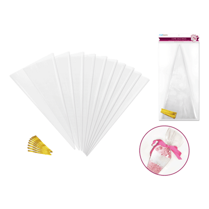 14.5"H X 6.7"W Clear Cone Cello Bags 10pc with Twist Ties. Sold by RQC Supply.