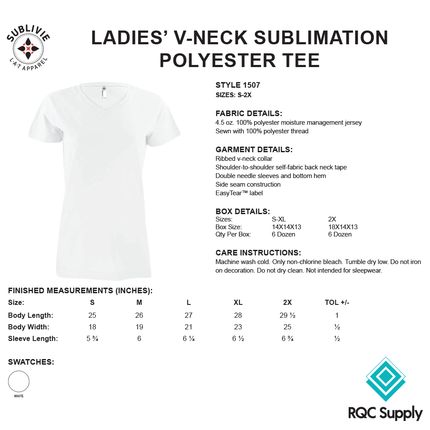 1507 Ladies V-Neck Sublimation White T-shirt - SubliVie