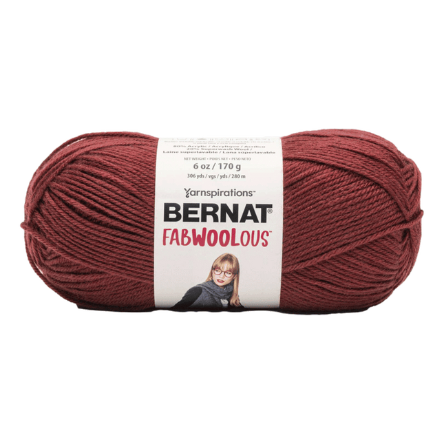 Bernat Fabwoolous Yarn sold by RQC Supply Canada an arts and craft store located in Woodstock, Ontario showing red brick colour