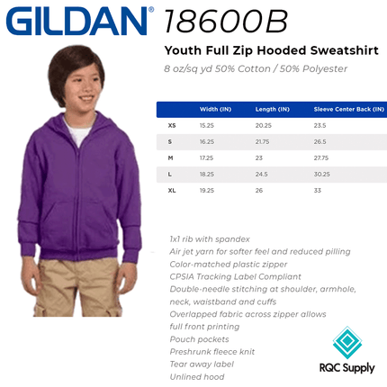 G18600B Youth Zipper Hoodie by Gildan, sold by RQC Supply Canada.  Size chart shown.
