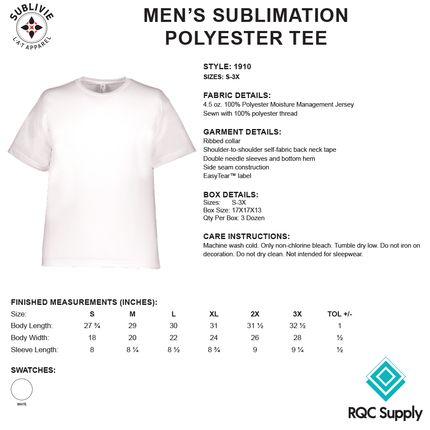 1910 Unisex / Men's Sublimation Polyester White T-shirt - SubliVie