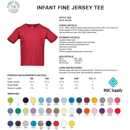 3322 Infant Fine Jersey Short Sleeve T-Shirt by Rabbit Skins Size Chart. Sold by RQC Supply Canada.