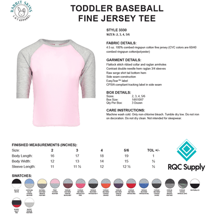 3330 Toddler Raglan Three-Quarter Sleeve Baseball Crew Neck Tee - Rabbit Skins