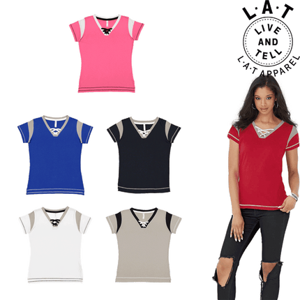 3533 Ladies Lace up Football Short Sleeve T-Shirt by LAT Apparel, showing colours available for sale sold by RQC Supply Canada.