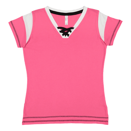 3533 Ladies Lace up Football Short Sleeve T-Shirt by LAT Apparel, shown in Pink and White sold by RQC Supply Canada.