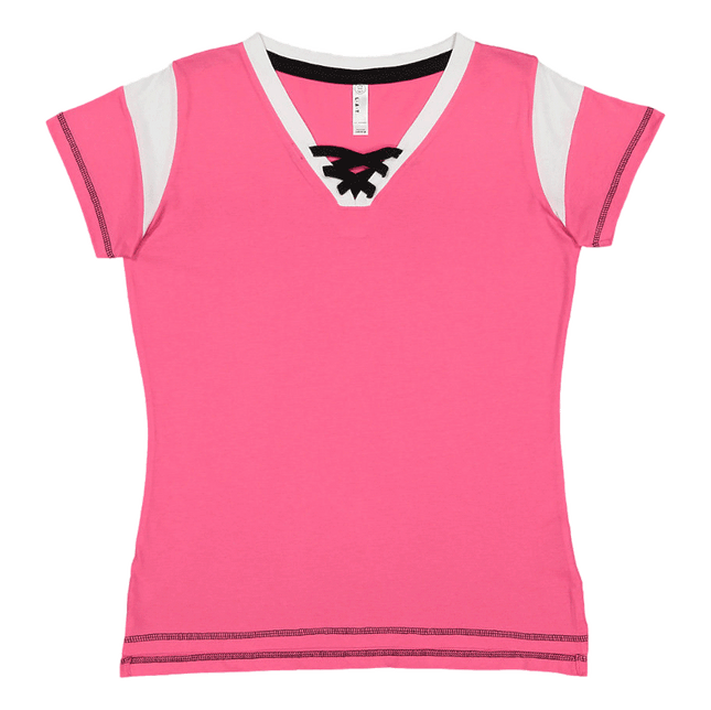 3533 Ladies Lace up Football Short Sleeve T-Shirt by LAT Apparel, shown in Pink and White sold by RQC Supply Canada.