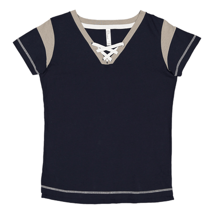 3533 Ladies Lace up Football Short Sleeve T-Shirt by LAT Apparel, shown in Navy and Titanium sold by RQC Supply Canada.