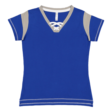 3533 Ladies Lace up Football Short Sleeve T-Shirt by LAT Apparel, shown in Royal Titanium and White sold by RQC Supply Canada.