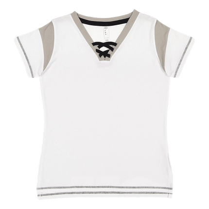 3533 Ladies Lace up Football  Short Sleeve T-Shirt by LAT Apparel, shown in Titanium White and Black sold by RQC Supply Canada.