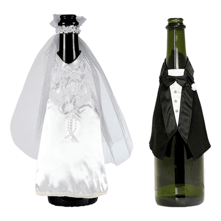 Wedding Bride and Groom Champagne/Wine Bottle Clothes perfect for your next wedding sold by RQC Supply Canada located in Woodstock, Ontario