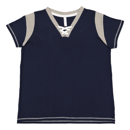 Navy Blue Titanium and White Lace Up Plus Size Curvy Football Tshirt sold by Rqc Supply Canada