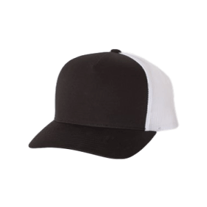 Yupoong White and Black 5 panel trucker hat sold by RQC Supply Canada