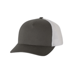 Yupoong White and Charcoal 5 panel trucker hat sold by RQC Supply Canada