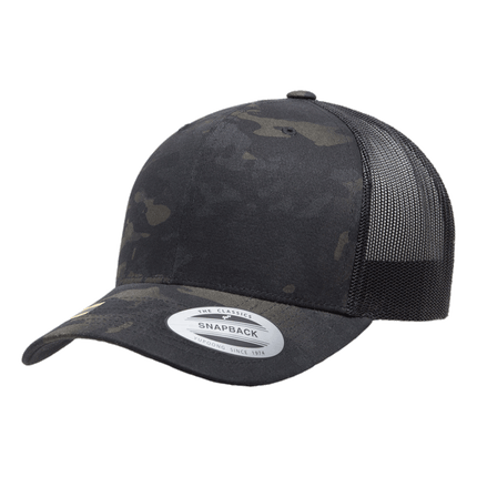 Yupoong Black Multi Cam 6 panel baseball trucker hat sold by RQC Supply Canada an arts and craft store located in Woodstock, Ontario