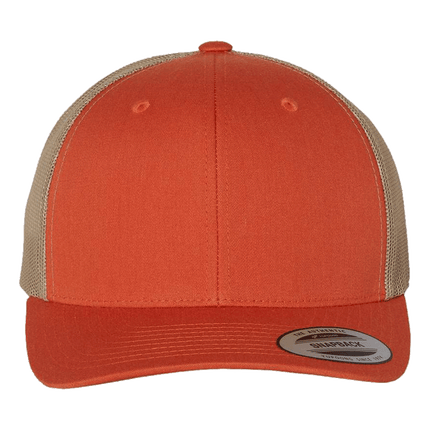 Yupoong Orange and Khaki 6 panel baseball trucker hat sold by RQC Supply Canada an arts and craft store located in Woodstock, Ontario