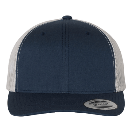 Yupoong Navy an Silver 6 panel baseball trucker hat sold by RQC Supply Canada an arts and craft store located in Woodstock, Ontario