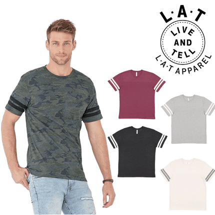 6937 Men's Crewneck Football Short Sleeve T-Shirt by LAT Apparel, shown in colours available to purchase sold by RQC Supply Canada.