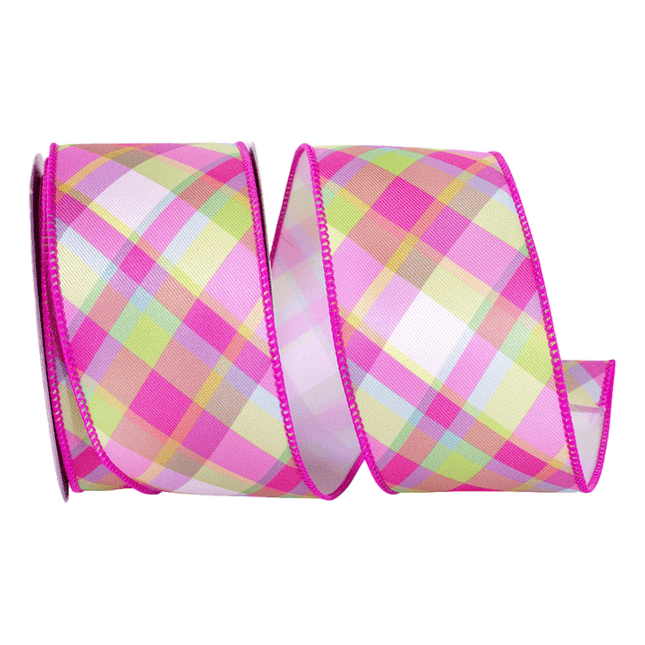 Pink Yellow Polyester Plaid Ribbons Wired sold by RQC Supply Canada an arts and craft store located in Woodstock, Ontario