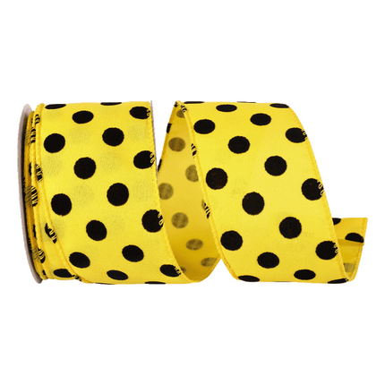 Yellow and Black Polka dot wired edge ribbons sold by RQC Supply Canada an arts and craft store located in Woodstock, Ontario