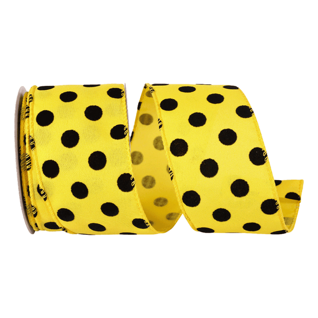 Yellow and Black Polka dot wired edge ribbons sold by RQC Supply Canada an arts and craft store located in Woodstock, Ontario