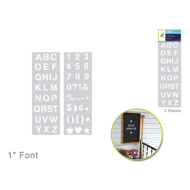 Alpha Numeric Symbol Stencils, shown in 1" font size. Sold by RQC Supply Canada.