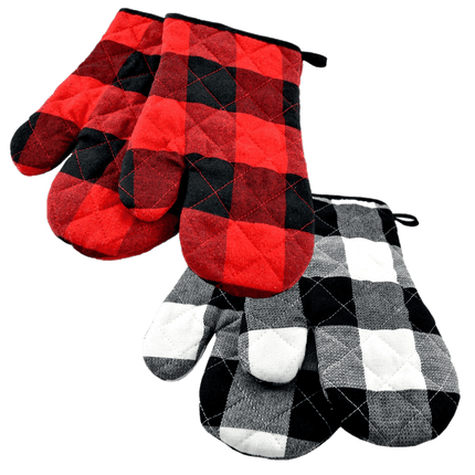 Buffalo Plaid Lumberjack Oven Mitts, shown in all available oven mitts. Sold by RQC Supply Canada.