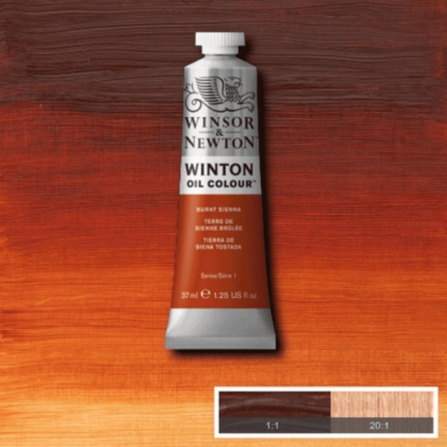 Winsor and Newton Oil Paints now sold at RQC Supply Canada an arts and craft store located in Woodstock, Ontario showing burnt Sienna oil paints