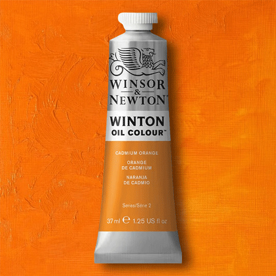 Winsor and Newton Oil Paints now sold at RQC Supply Canada an arts and craft store located in Woodstock, Ontario showing cadmium orange oil paints