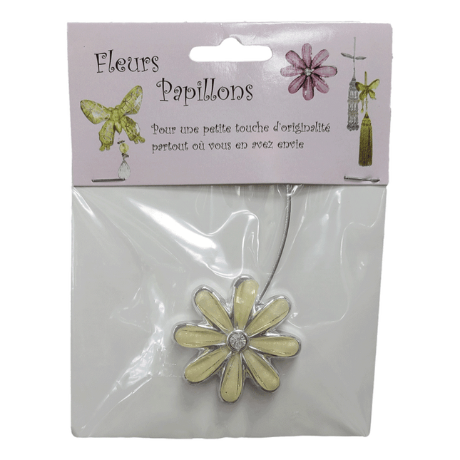 Cute curtain magnets shown in Daisy White. Sold by RQC Supply Canada.