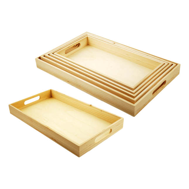 DIY Tray Set of 5 with handles by Wood Craft. Tray sizes range from 6.63" x 13" to 10.13" x 16.13". Sold by RQC Supply Canada.