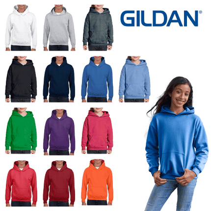18500B Gildan Kids/Youth Hoodie. Shown in all available colours, sold by RQC Supply Canada.