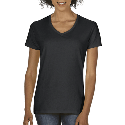5V00L Ladies V Neck Heavy Cotton Short Sleeve T-shirt by Gildan. Shown in Black, sold by RQC Supply Canada.