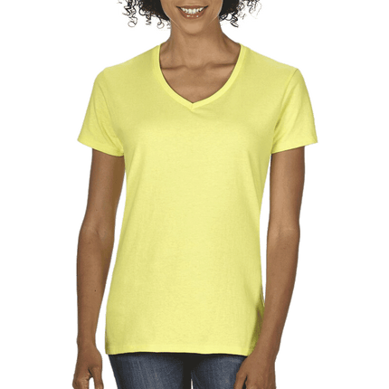 5V00L Ladies V Neck Heavy Cotton Short Sleeve T-shirt by Gildan. Shown in Cornsilk, sold by RQC Supply Canada.