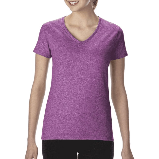 5V00L Ladies V Neck Heavy Cotton Short Sleeve T-shirt by Gildan. Shown in Heather Radiant Orchid, sold by RQC Supply Canada.