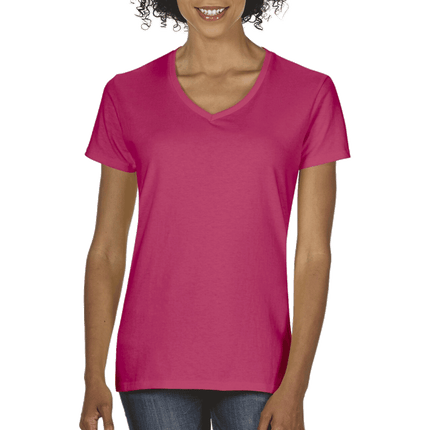 5V00L Ladies V Neck Heavy Cotton Short Sleeve T-shirt by Gildan. Shown in Heliconia, sold by RQC Supply Canada.