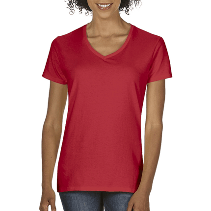 5V00L Ladies V Neck Heavy Cotton Short Sleeve T-shirt by Gildan. Shown in Red, sold by RQC Supply Canada.
