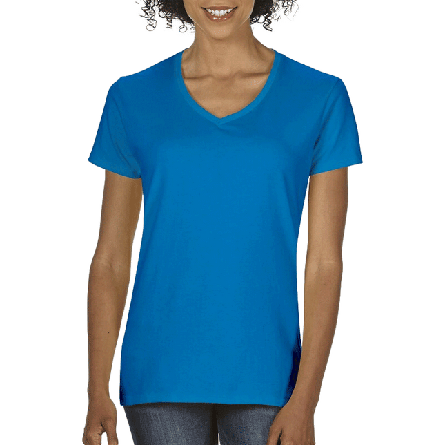 5V00L Ladies V Neck Heavy Cotton Short Sleeve T-shirt by Gildan. Shown in Sapphire, sold by RQC Supply Canada.